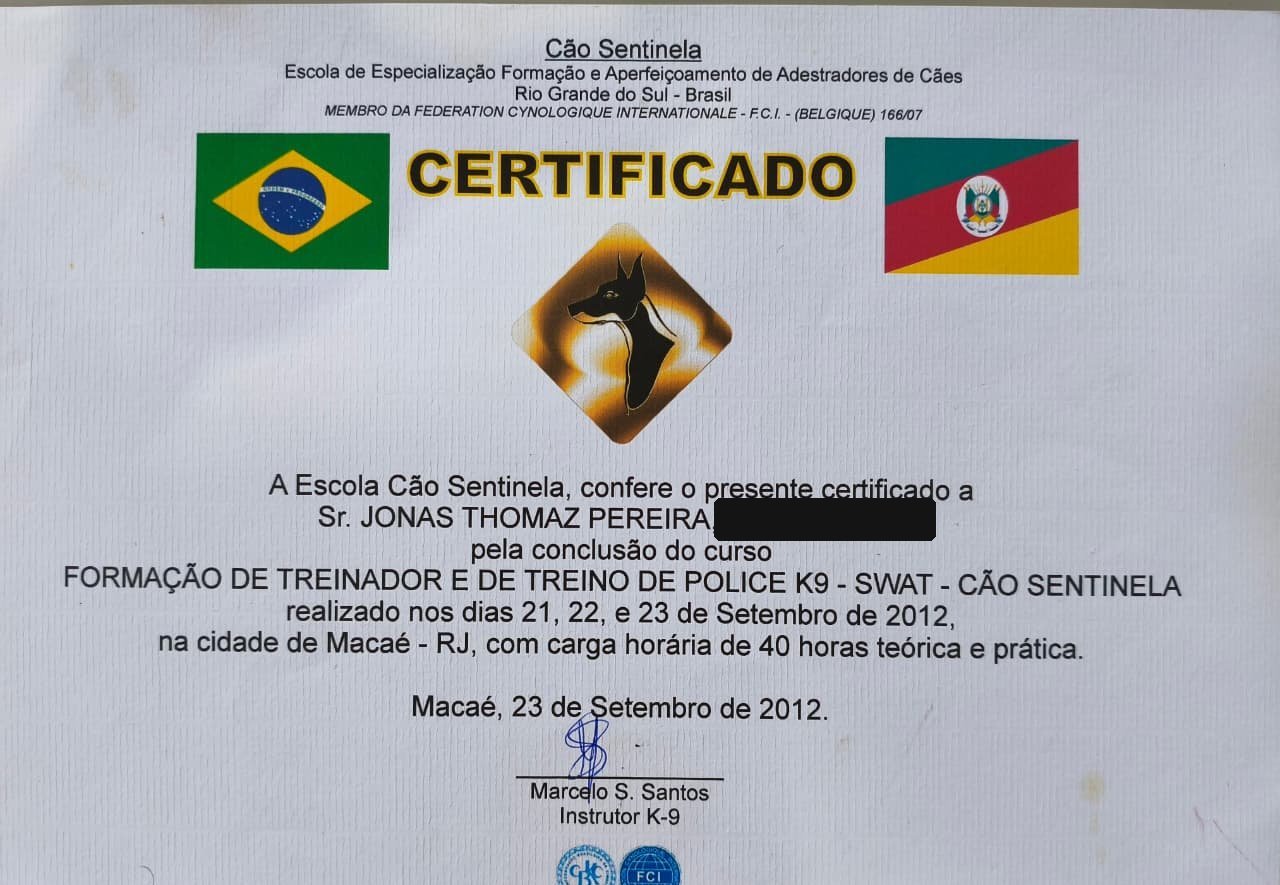 Certificado de formação de treinador Police K9 de Jonas Thomaz Pereira